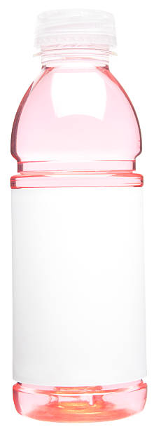 Pink drink in plastic bottle with blank label stock photo