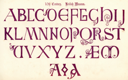 Vintage engraving of the alphabet in an 10th century style  from the Book of Ornamental Alphabets by  F.G. Delamotte published in 1878 now public domain