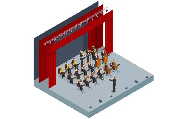 Vector illustration of Isometric Symphony Orchestra. Symphonic string orchestra performing on stage and playing a classical music concert with conductor on theatre