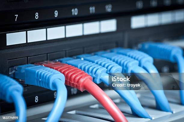 Back View Of Network Hub And Cables Stock Photo - Download Image Now - Modem, Cable, Electricity