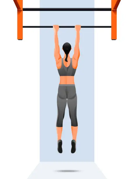 Vector illustration of High detailed vector illustration of Woman doing pull-ups on a bar at fitness studio,backview.