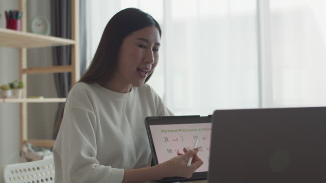 A Teacher Radiates Enthusiasm While Using a Digital Tablet To Teach Personal Pronouns In Mandarin During An Online Language Learning Session.