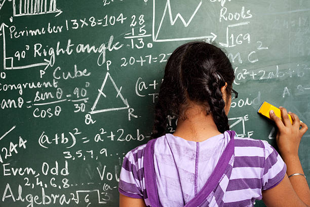 istock Indian Girl Student Erasing Mathematics Problems from Greenboard Blackboard 183776285