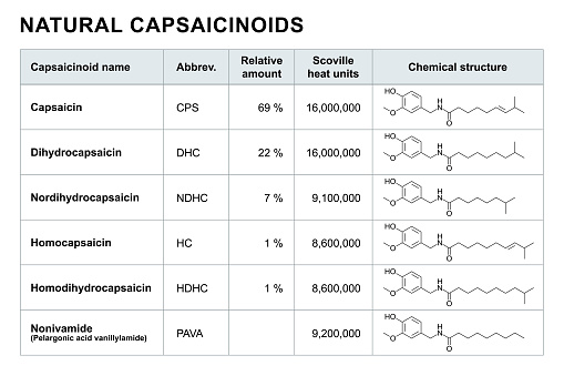 Naturally occurring capsaicinoids in chili peppers. Table with the 6 names of the capsaicinoids, descending from the most common average amount in percent, with abbreviations, and chemical structures.