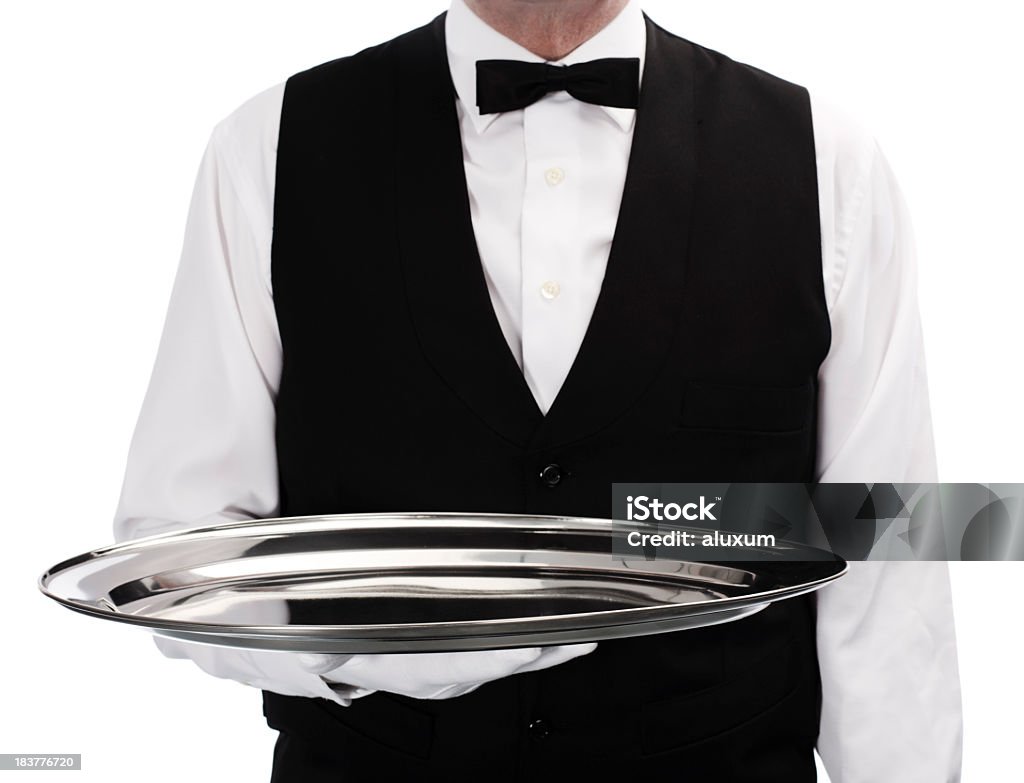 Kelner trzymać tacy - Zbiór zdjęć royalty-free (Białe tło)