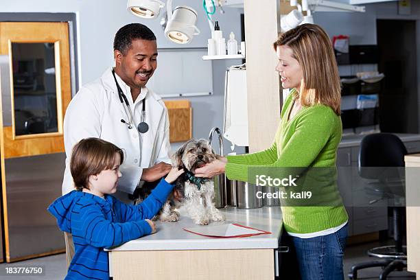 Foto de Menino E Uma Mãe Que Aceitam Animais De Estimação Para Cachorros Com Veterinário e mais fotos de stock de Veterinário