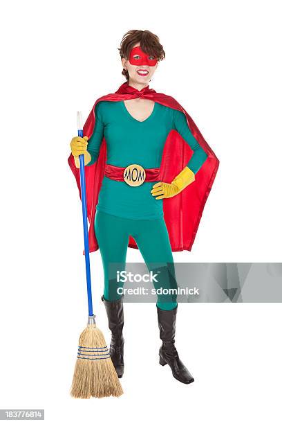 Superhero Mom Smiling With Broom Stock Photo - Download Image Now - Superhero, Belt, Cleaning