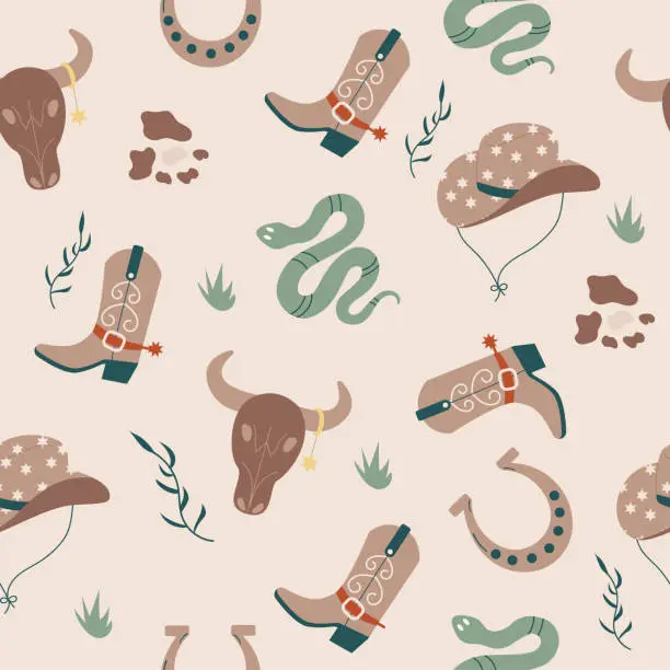 Vector illustration of Wild west seamless pattern with hat, boots
