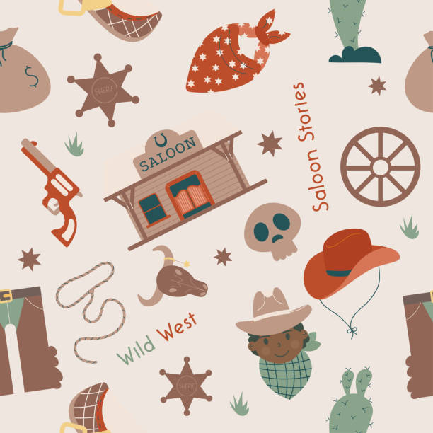 ilustrações de stock, clip art, desenhos animados e ícones de wild west seamless pattern with cowboy, saloon - cowboy desire west poster