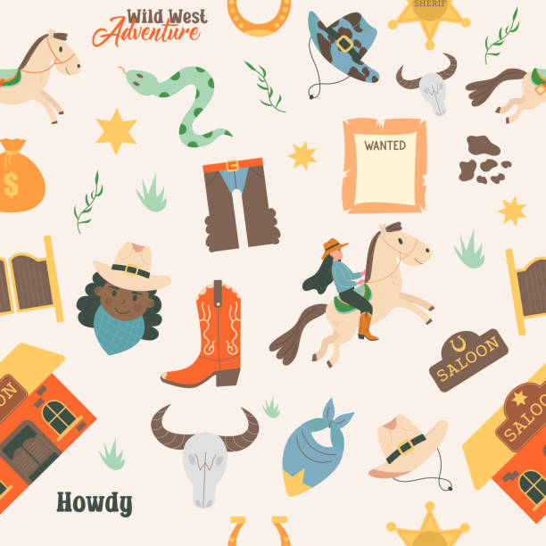 ilustrações de stock, clip art, desenhos animados e ícones de wild west seamless pattern with lettering - cowboy desire west poster