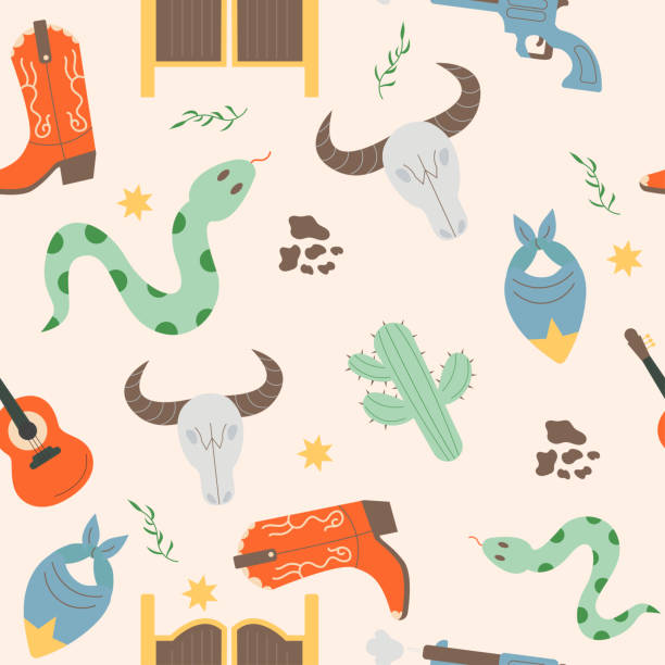 ilustrações de stock, clip art, desenhos animados e ícones de wild west seamless pattern with snake, cactus, cow skull, boots - cowboy desire west poster