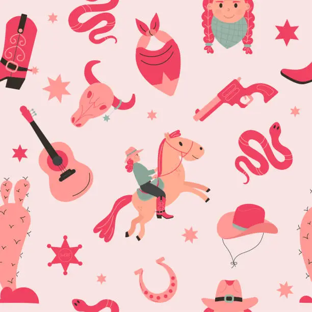 Vector illustration of Wild west cowgirl seamless pattern