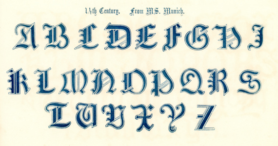 Vintage engraving of the alphabet in an 14th century medieval style from the Book of Ornamental Alphabets by  F.G. Delamotte published in 1879 now in the public domain