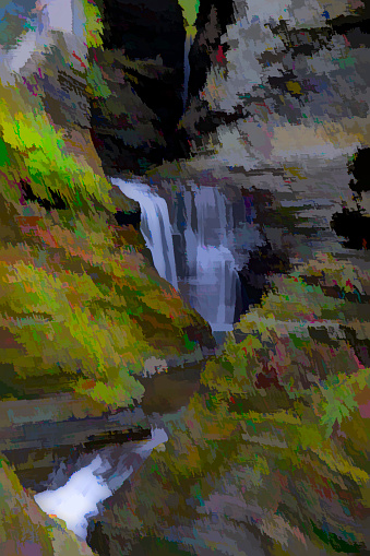 Autumn in Watkins Glen State Park, near Seneca Lake, New York State, USA.  Long exposure image with blurred water effect.  It has been post processed to give the effect of a watercolour painting.