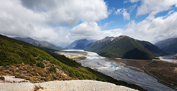 Waimakariri River Panorama,  Arthurs Pass National Park, New Zealand stock photo