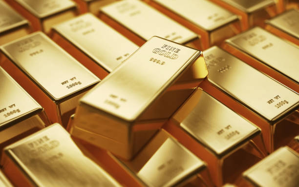 istock Realistic Gold Bars on Black Background, Depth Of Field 1837787664