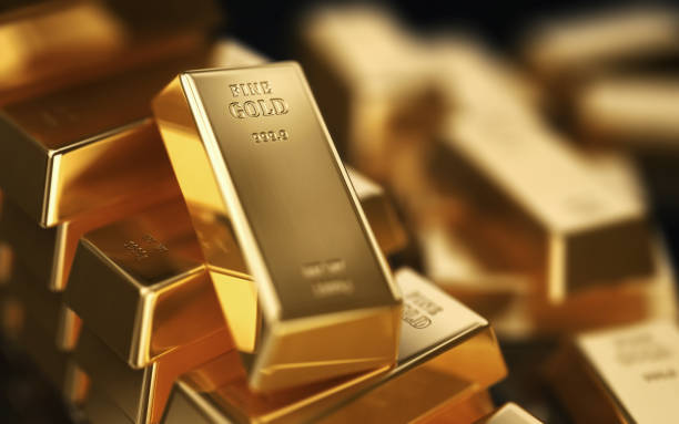 istock Realistic Gold Bars on Black Background, Depth Of Field 1837788723
