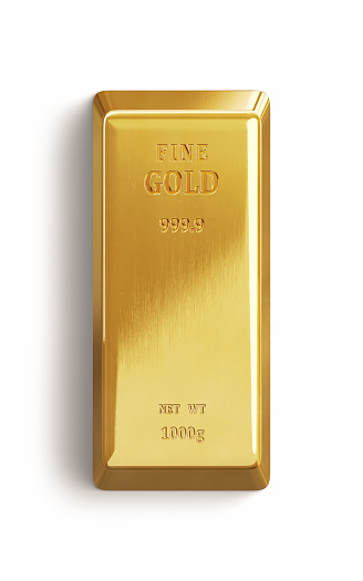 3d render Realistic Gold Bar Top View Sitting on a White Background, Concepts such as Finance, Wealth, Country development, Object + Shadow Clipping Path