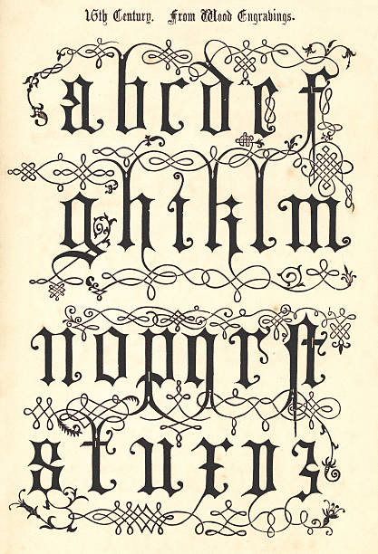 15th Century Style Alphabet Vintage engraving of the alphabet in a 15th century medieval style from the Book of Ornamental Alphabets by  F.G. Delamotte published in 1879 now in the public domain antique illustration of ornate letter f stock illustrations