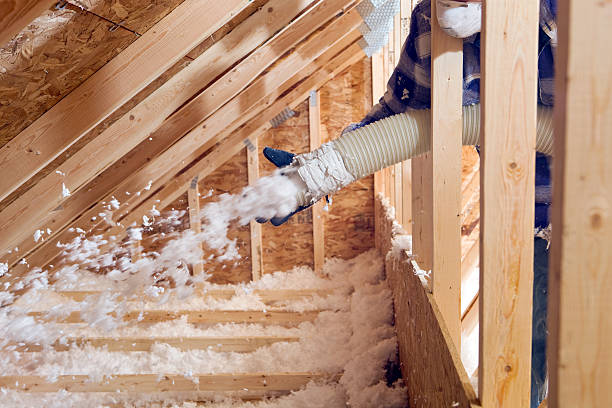 Worker Spraying Blown Fiberglass Insulation between Attic Trusses  spray insulation stock pictures, royalty-free photos & images