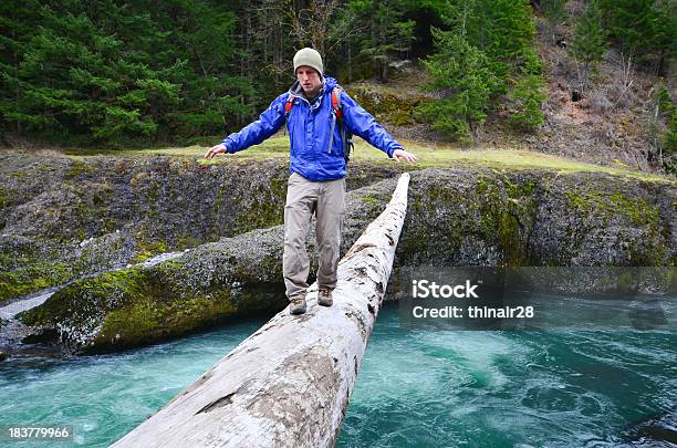 Hiker Crossing Log Stock Photo - Download Image Now - 20-29 Years, Adult, Adults Only