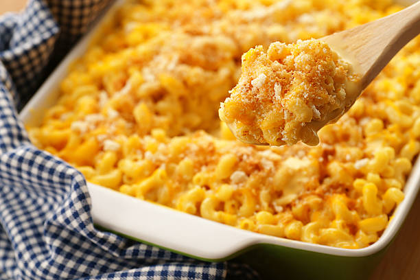 Baked Macaroni and Cheese A spoonfull of homestyle baked macaroni and cheese with crispy breadcrumbs and shredded cheddar.  Sharp focus on the contents of the spoon. baked stock pictures, royalty-free photos & images