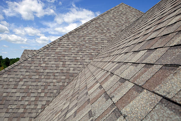 neue, schindelgedecktes dach mit blauer himmel hintergrund - dachdecker stock-fotos und bilder