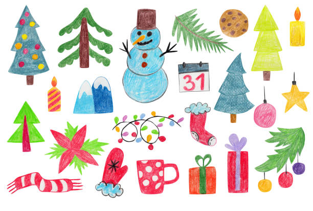 istock children's hand drawing Christmas set. Snowman, Christmas tree, baby, gift box, snow, hut. Pencil, crayon drawing flat funny doodle, simple vector 1837807031