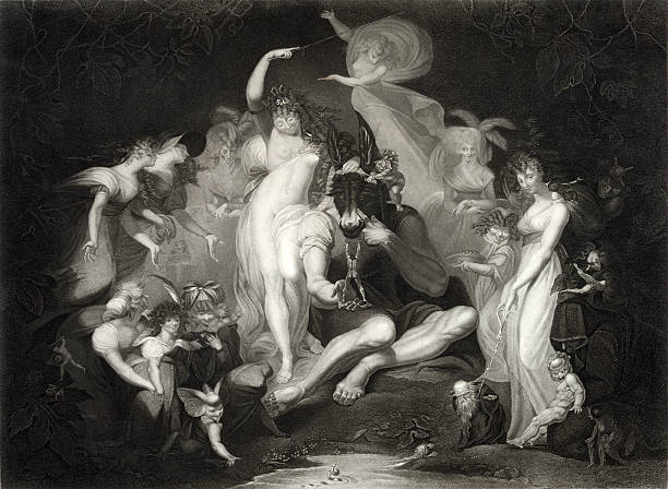 Shakespeare's Midsummer Nights Dream This vintage engraving depicts Act IV Scene I of Shakespeare's Midsummer Nights Dream. engraving william shakespeare art painted image stock illustrations