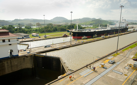 Ship entering Panama Canal, Miraflores Locks.