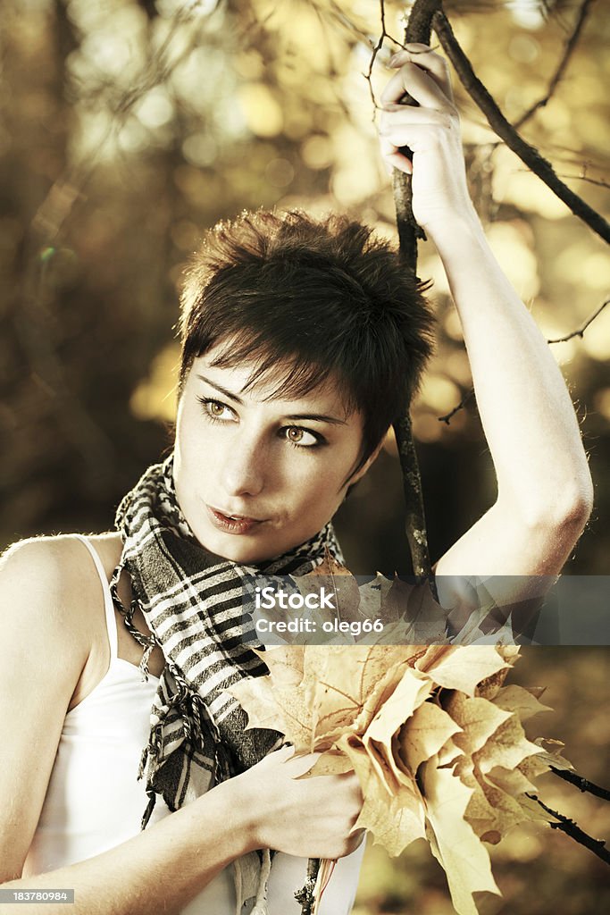 Age 20-25 Women often in the autumn forest Age 20-25 Women often in the autumn forest among the maple leaves 20-24 Years Stock Photo