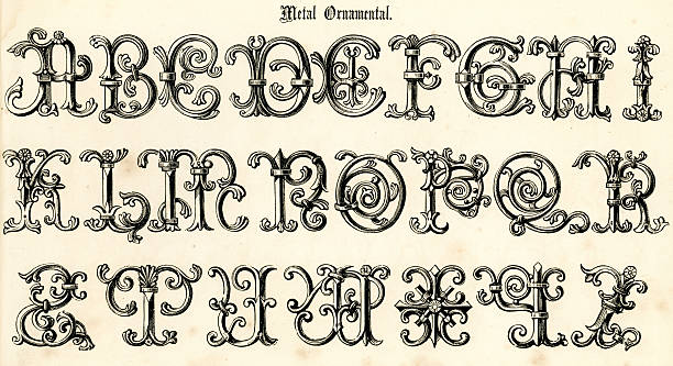 복고풍 금속면의 관상용 스크립트 - letter p letter a typescript ornate stock illustrations