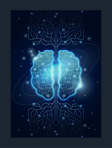 Latest technology and science. Poster with digital brain circuit board. Artificial Intelligence and Metaverse. Science fiction. Futuristic neon vector illustration isolated on black background