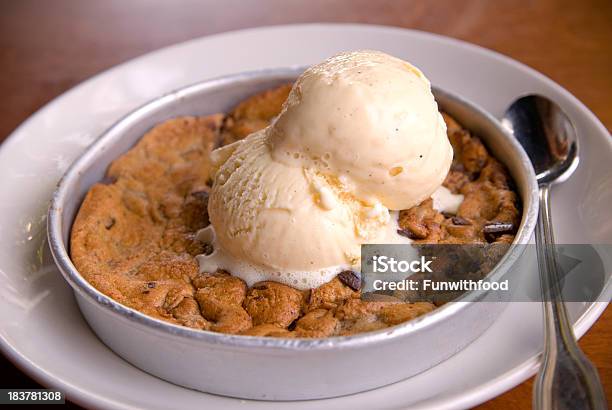 Warm Chocolate Chip Cookie Pie Pan Melting Vanilla Ice Cream Stock Photo - Download Image Now