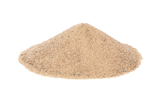 Cone shaped mound of dry sand; isolated on white. Focus is front to back.