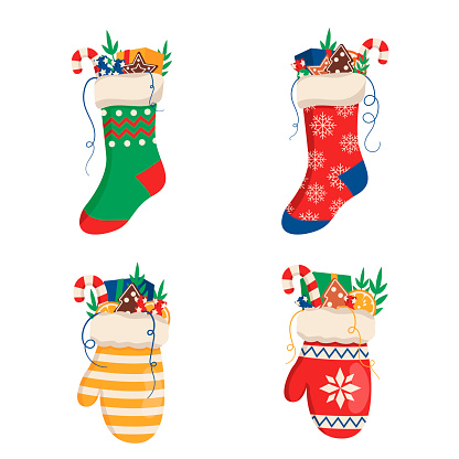 Set of illustrations of Christmas nights and mittens with gifts. Vector graphic.