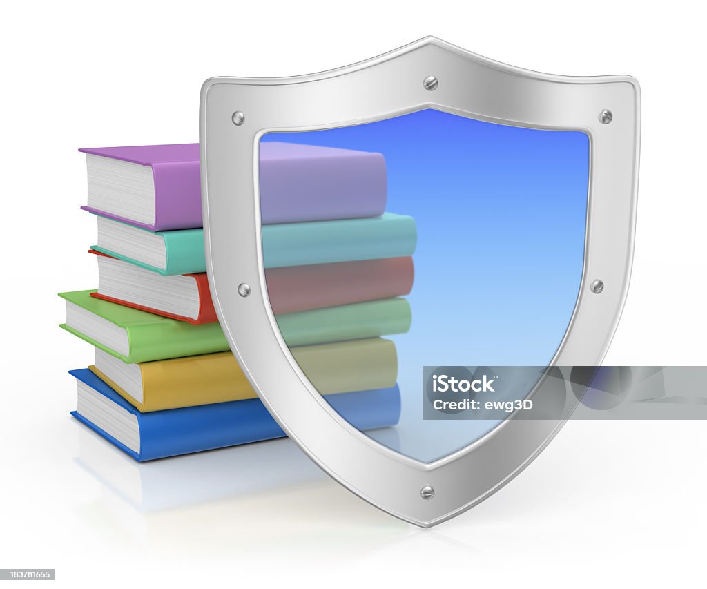 Metal Shield and Books 3d render. Shield  and books isolated on white background.  Book Stock Photo