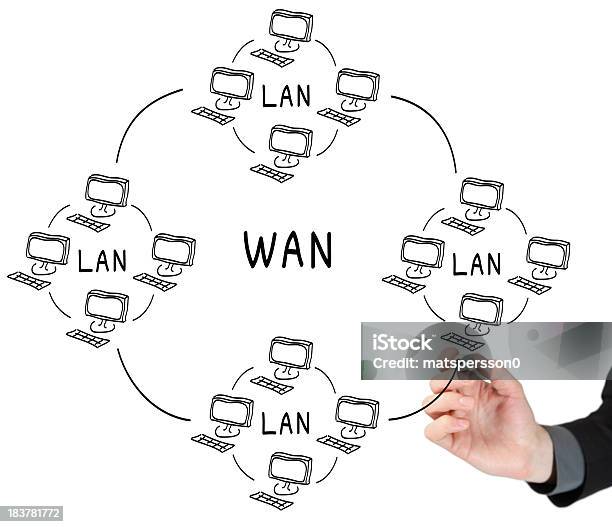 Foto de Profissional De Ti Desenho Um Computador De Rede Wan e mais fotos de stock de Cabo de conexão de rede