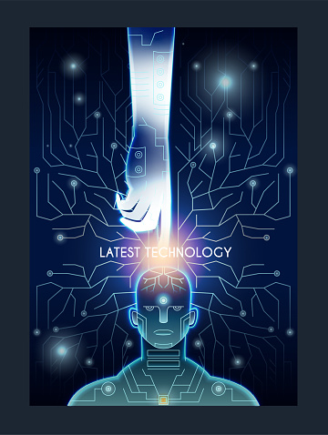 Latest technology and science. Artificial Intelligence and Neural Network. Poster with robot silhouette in cyberspace. Science fiction. Futuristic neon vector illustration isolated on black background
