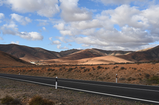 Pájara, Fuerteventura, Spain, November 24, 2023 - Winding road between Pájara and Tuineje, Fuerteventura, Canary Islands, Spain.