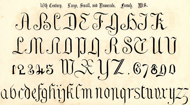 16th Century Script Style Alphabet Vintage engraving of the alphabet in a 16th century medieval style from the Book of Ornamental Alphabets by  F.G. Delamotte published in 1879 now in the public domain letter f photos stock illustrations