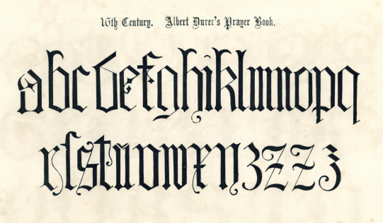 Vintage engraving of the alphabet in a 16th century medieval style from the Book of Ornamental Alphabets by  F.G. Delamotte published in 1879 now in the public domain