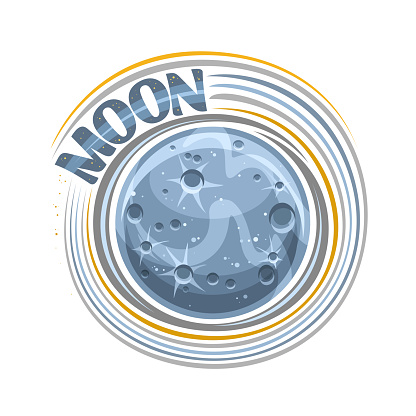 Vector logo for Moon, cosmic print with rotating rock satellite, planet moon surface with craters and mountains, decorative cosmo sign with unique brush letters for grey text moon on white background
