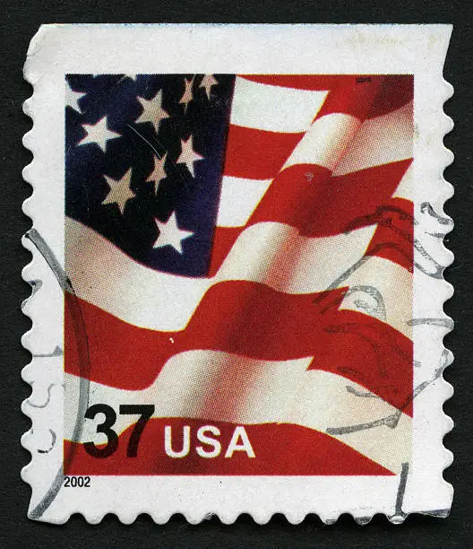 Postage stamp with american flag on it. Scanned by Epson Perfection V750 Pro.