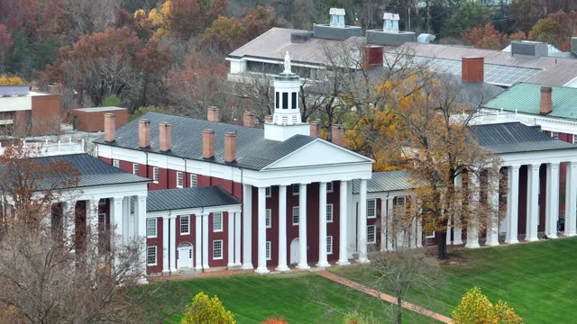 Washington Hall at Washington and Lee University in Lexington, Virginia. Aerial view in autumn.