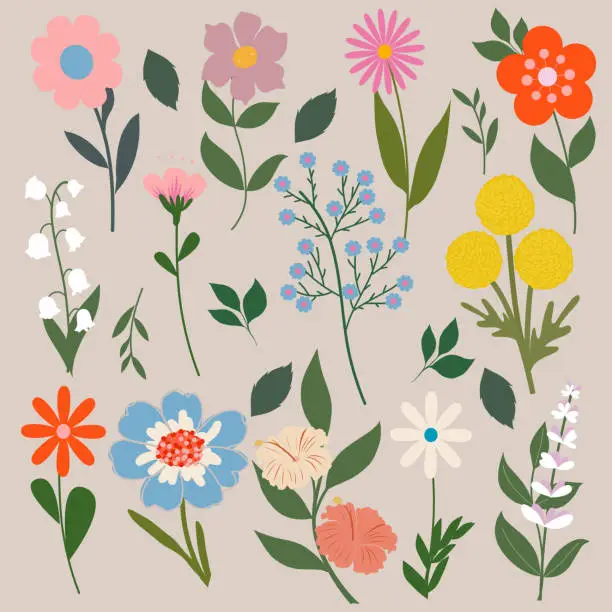 Vector illustration of Set flowers stickers collection. Set of flowers and floral elements isolated on a white background. Wedding concept with flowers. Floral poster, invitation.