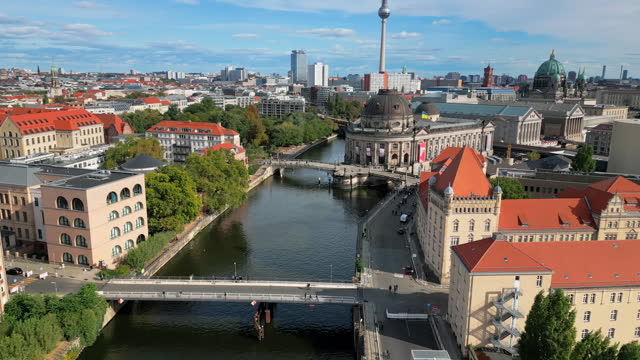 Aerial view Real time Footage of Berlin Bode museum with Monbijou Bridge over spree river and Berlin Cathedral and Television tower or TV tower at Alexanderplatz in Berlin, Germany