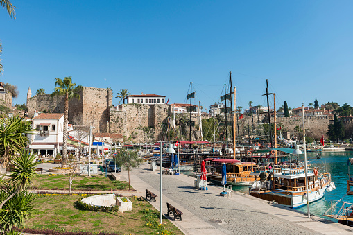 Antalya Kaleici. View of ancient city and marina - old harbor in Antalya, Turkey