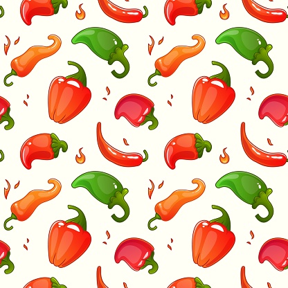 Vector seamless pattern with different peppers on a white background.