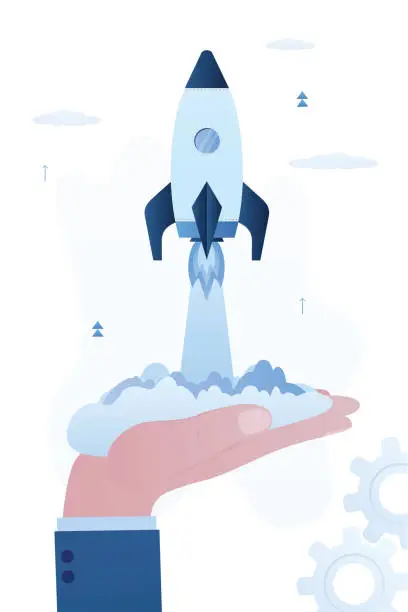 Vector illustration of Big businessman hand helping launch rocket. Entrepreneur and startup project, start new business or opportunity to invent new product, innovation technology, ambition to success concept.